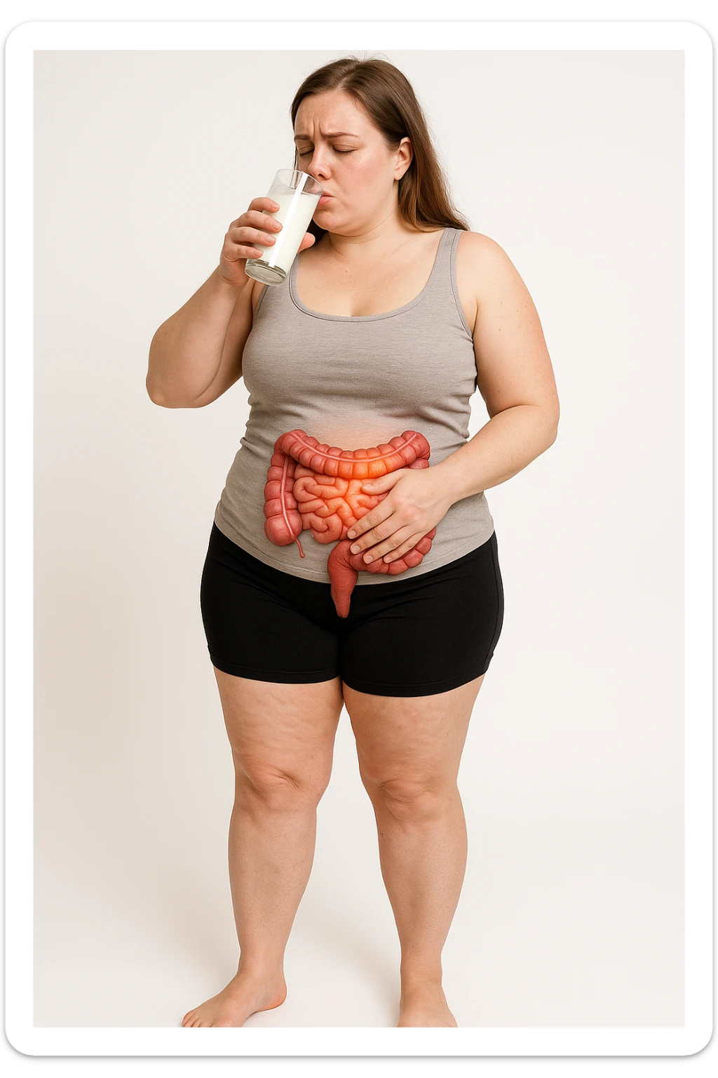 donna a figura intera in piedi con intestino infiammato con cellulite mentre beve kefir, realistica 4k sfondo bianco sticker