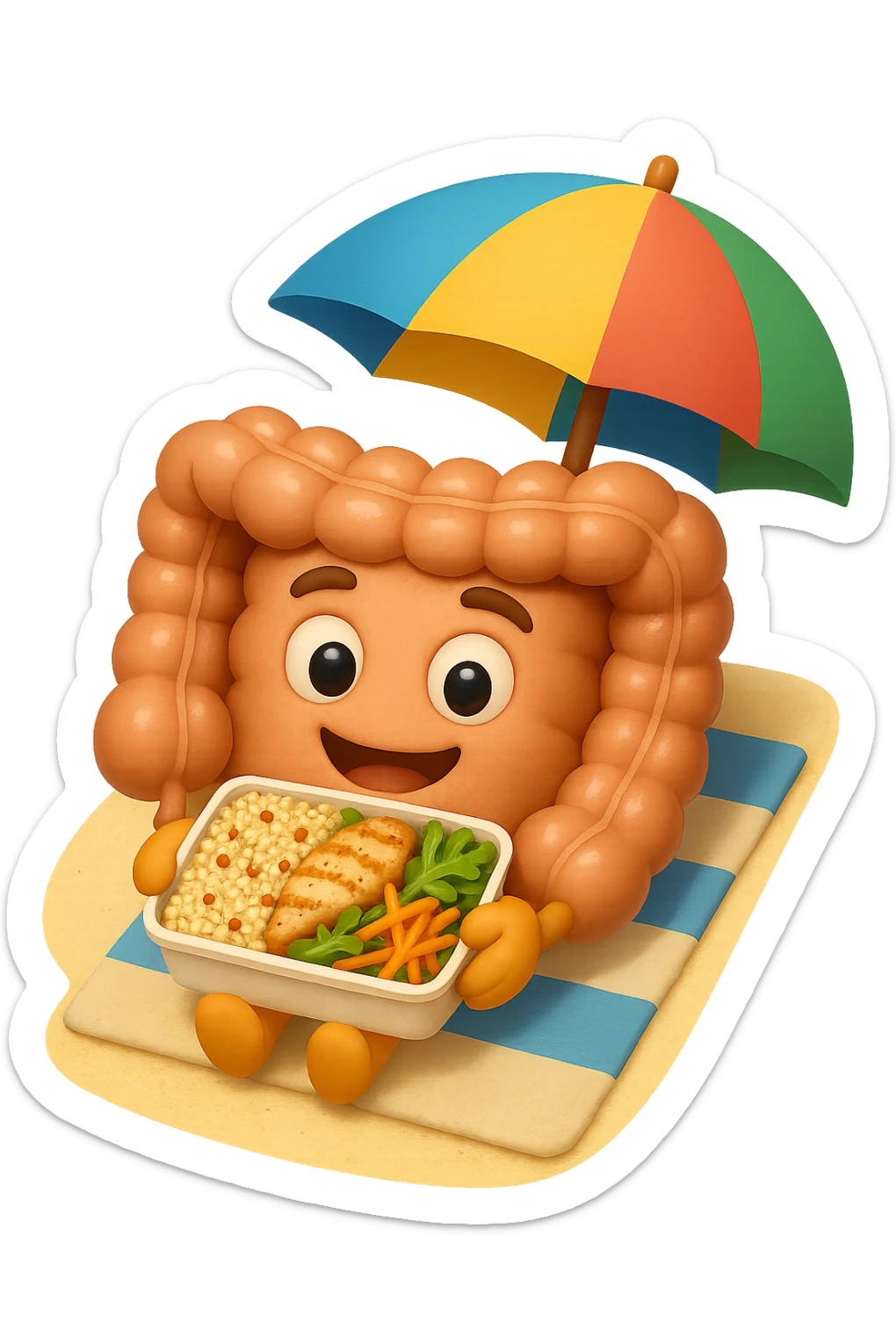 EMOJI STILE IPHONE DI INTESTINO IN SPIAGGIA SU UNA SPIAGGINA SOTTO L'OMBRELLONE CON IN MANO UNA SCHISCETTA DI Insalata di quinoa e pollo con rucola e carote, iperrealistica 4k sticker