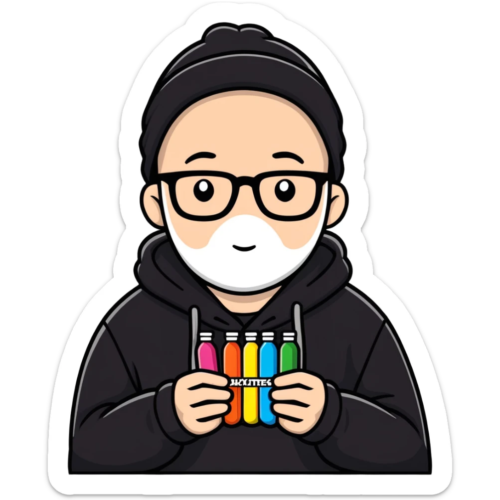bald white guy with glasses, wearing a black beanie, black hoodie, skittles sticker