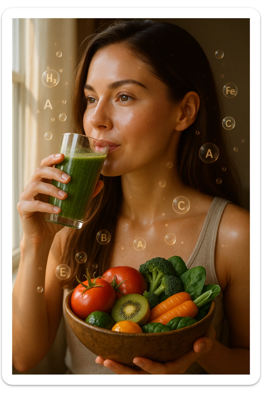 A highly realistic, cinematic portrait of a young woman in her late 20s with glowing, clear, healthy skin and a vibrant scalp with strong, shiny hair, symbolizing internal health reflecting outward. She has a calm, confident expression while sitting by a window with warm daylight softly illuminating her face, highlighting smooth, hydrated skin with a natural glow. Her hair appears clean, full, and strong, indicating a healthy scalp and balanced sebum production. She is drinking a glass of green smoothie rich in antioxidants and holding a bowl of colorful fruits and vegetables, symbolizing how internal nutrition supports skin and scalp health. Subtle, softly glowing overlays of molecular symbols for vitamins, minerals, and hydration molecules gently swirl around her, visually representing the concept of beauty and skin health from the inside out. Style: 35mm hyperrealistic film look, warm tones, soft depth of field, focusing on clear skin texture, healthy scalp, and vibrant hair to inspire holistic wellness sticker