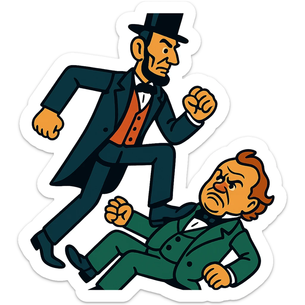 Abraham Lincoln stepping on Stephen Douglas in a historical cartoon style sticker
