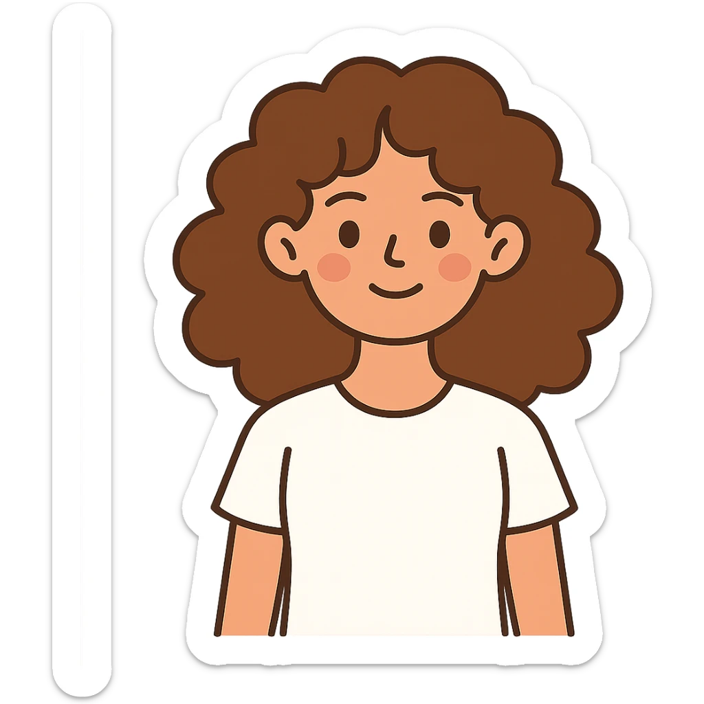 flat-toon style girl with curly chestnut hair wearing a white t-shirt, no background sticker