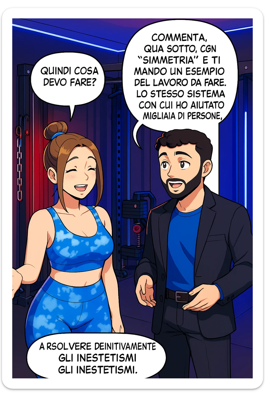 TRASFORMA QUESTO CAROSELLO IN UN FUMETTO STILE WEBTOON/MANGA A COLORI CON QUESTE DUE PERSONE IDENTICHE CHE INTERLOQUISCONO TRA LORO, LA DONNA SEMBRA SOLLEVATA/SODDISFATTA E CONTENTA:

LEI (DONNA): Quindi cosa devo fare?
LUI (UOMO): Commenta, qua sotto, con “simmetria” e ti mando un esempio del lavoro da fare. Lo stesso sistema con cui ho aiutato migliaia di persone, fra cui centinaia di donne a risolvere definitivamente gli inestetismi. sticker
