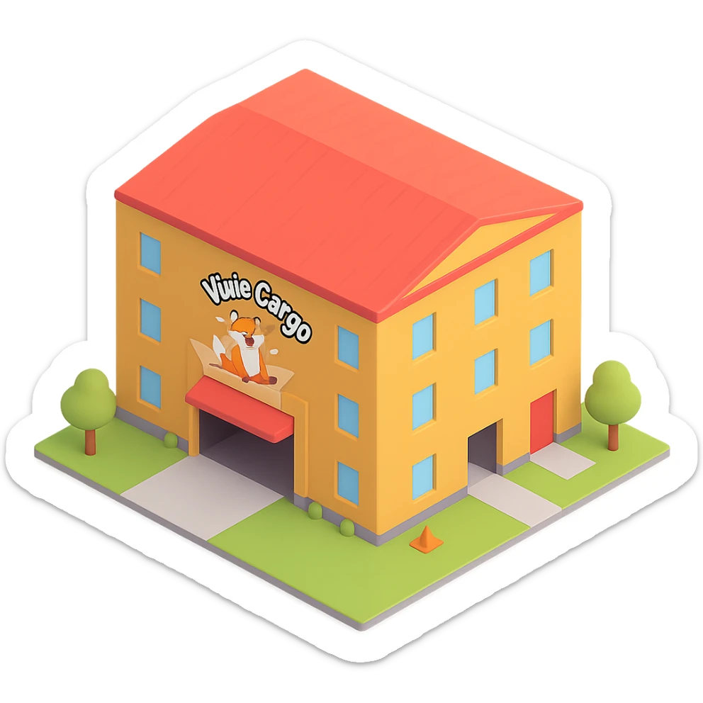 Add the Vixie Cargo company logo to the front of the parcel warehouse building emoji in the style of Microsoft 3D emojis, with no background. sticker