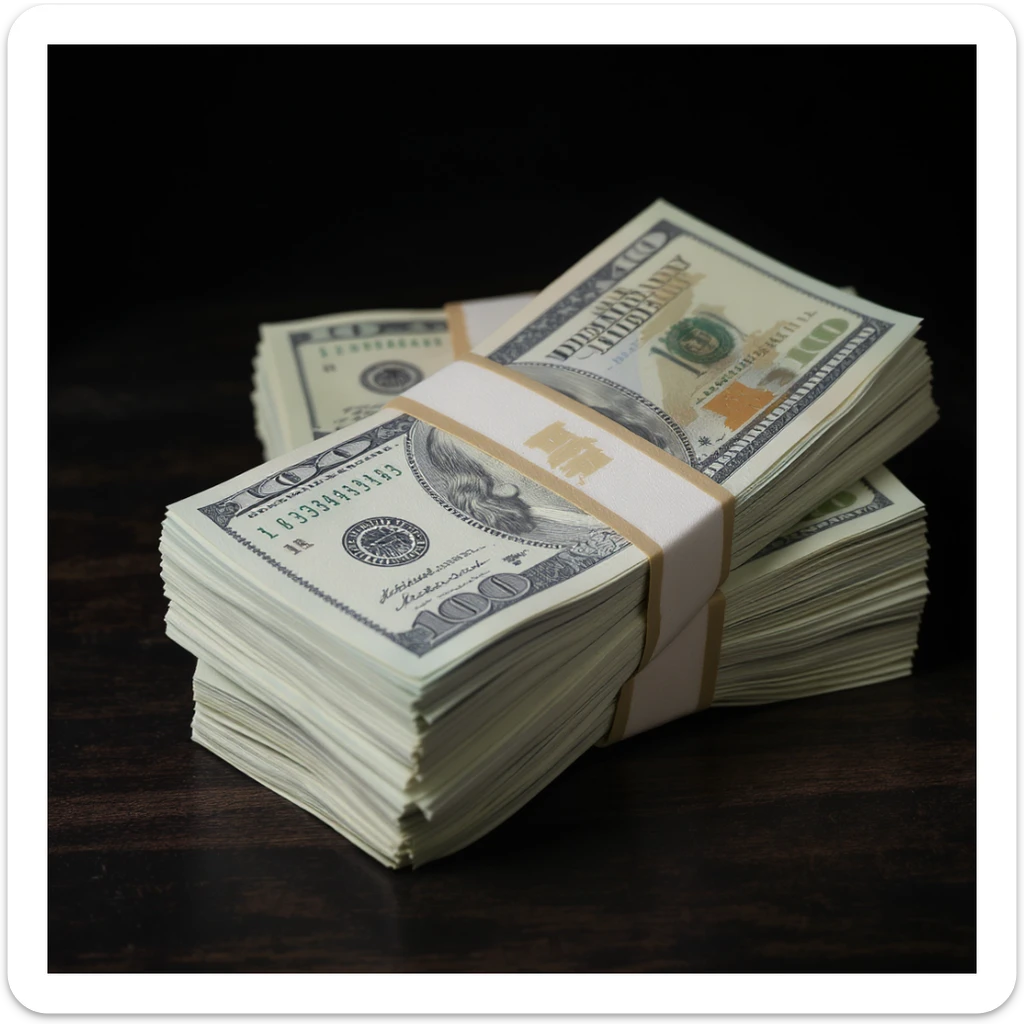 two bundles of money, realistic style, green bills with paper bands, stacked together sticker