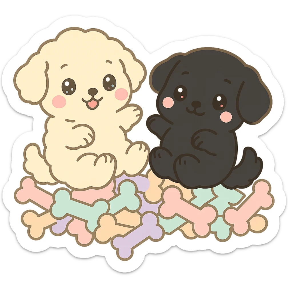Change the small dog to a true black color, keeping the kawaii chibi style and transparent background. Leave the large dog and the pile of colorful bones unchanged. sticker