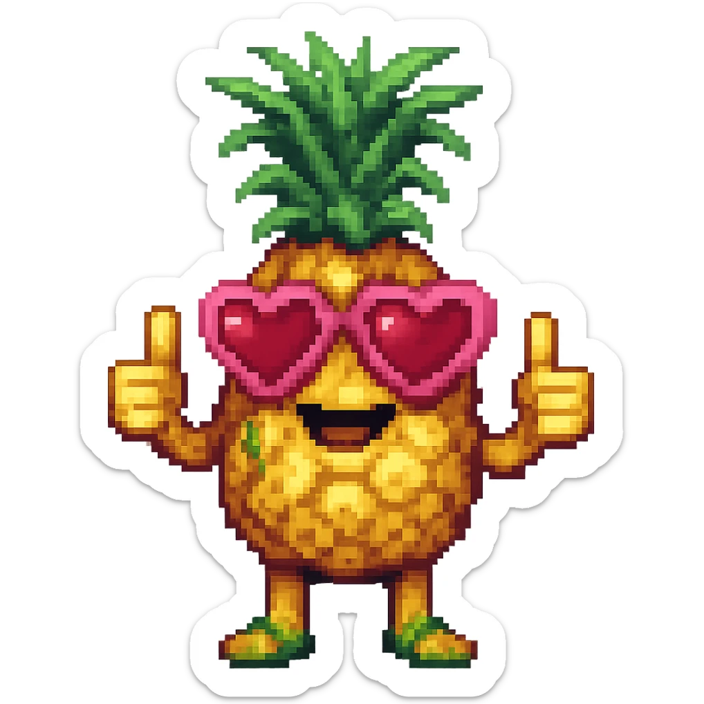 Edit the pineapple emoji in pixel art style to have heart-shaped sunglasses, keep it smiling and giving a thumbs up, no background. sticker