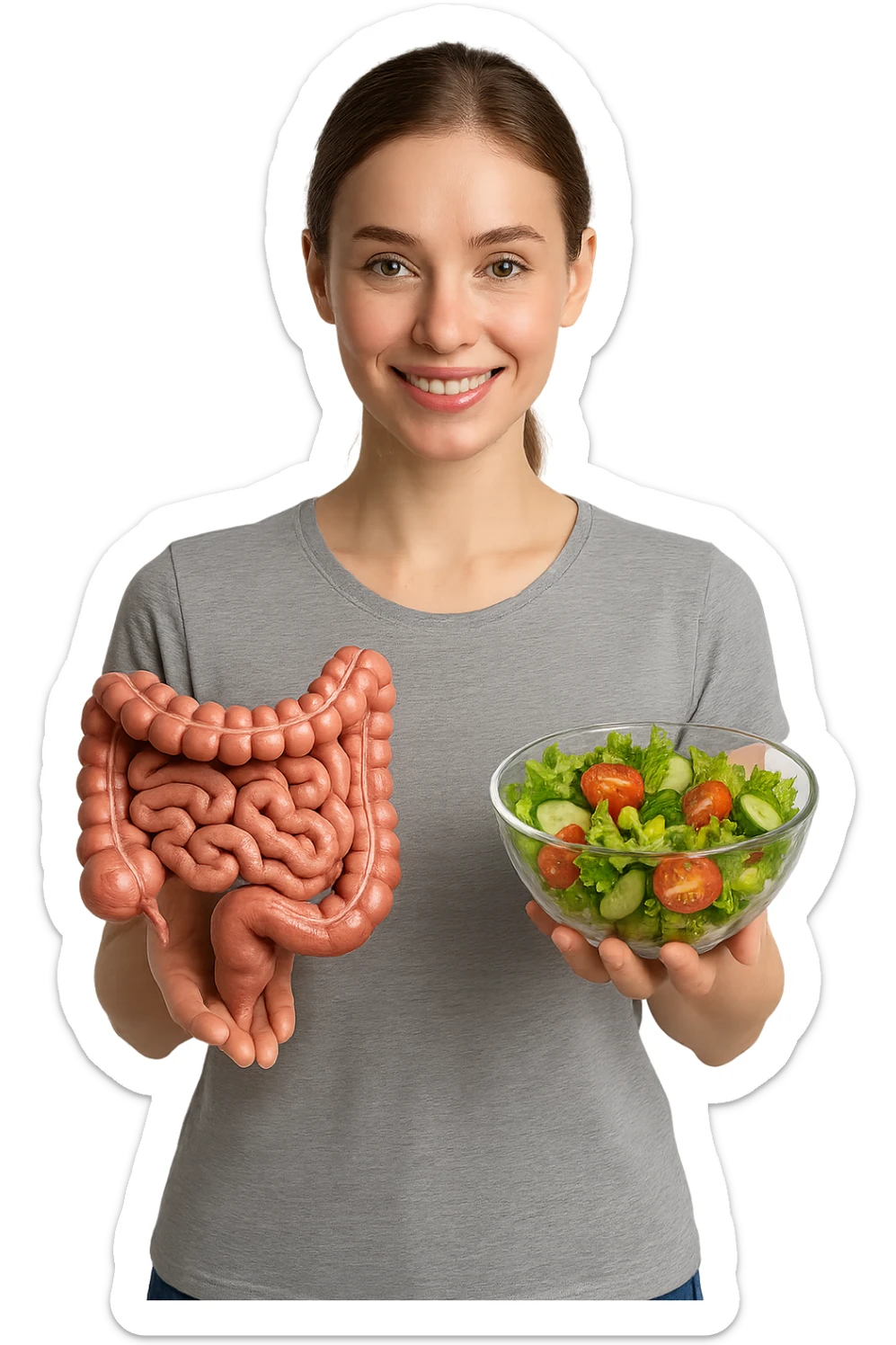 DONNA CON INTESTINO UMANO ANATOMICO CON INSALATA IN MANO, iperrealistico 4k, SFONDO BIANCO sticker