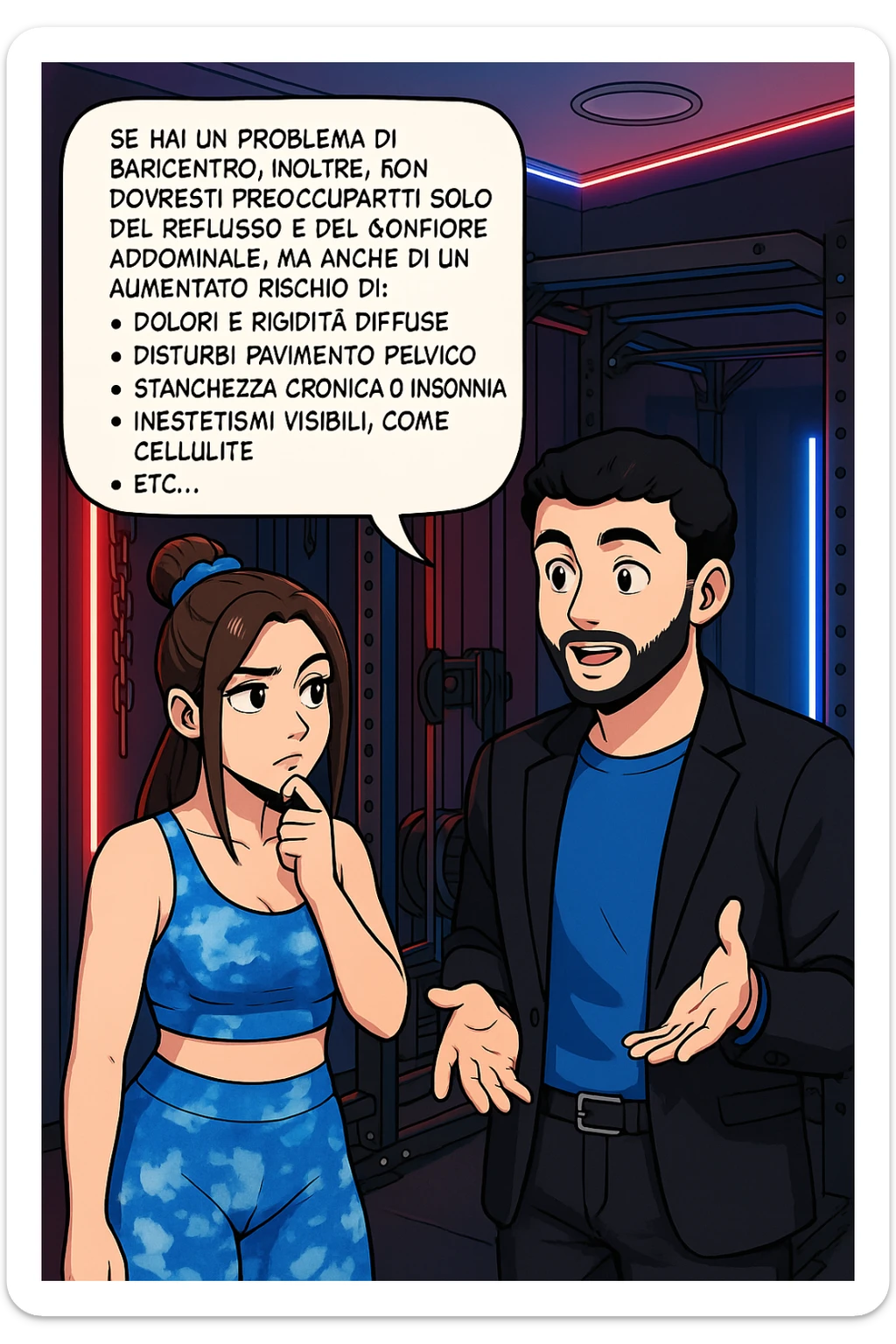 TRASFORMA QUESTO CAROSELLO IN UN FUMETTO STILE WEBTOON/MANGA A COLORI CON QUESTE DUE PERSONE IDENTICHE CHE INTERLOQUISCONO TRA LORO, L'uomo sta spiegando alla donna questo concetto MENTRE LA DONNA SI TIENE L'INDICE SUL MENTO ASCOLTANDOLO PENSIEROSA:

Se hai un problema di baricentro, inoltre, non dovresti preoccuparti solo del reflusso e del gonfiore addominale, ma anche di un aumentato rischio di:
    • dolori e rigidità diffuse
    • disturbi pavimento pelvico
    • stanchezza cronica o insonnia
    • inestetismi visibili, come celluluite
    • etc… sticker