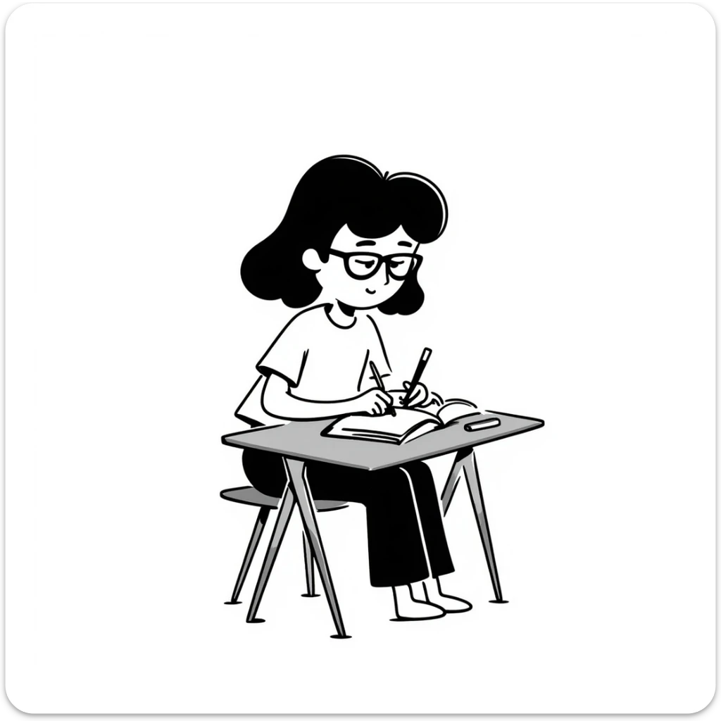 designer girl with medium hair, wearing cat-eyed glasses, hand-drawn look, artistic sticker