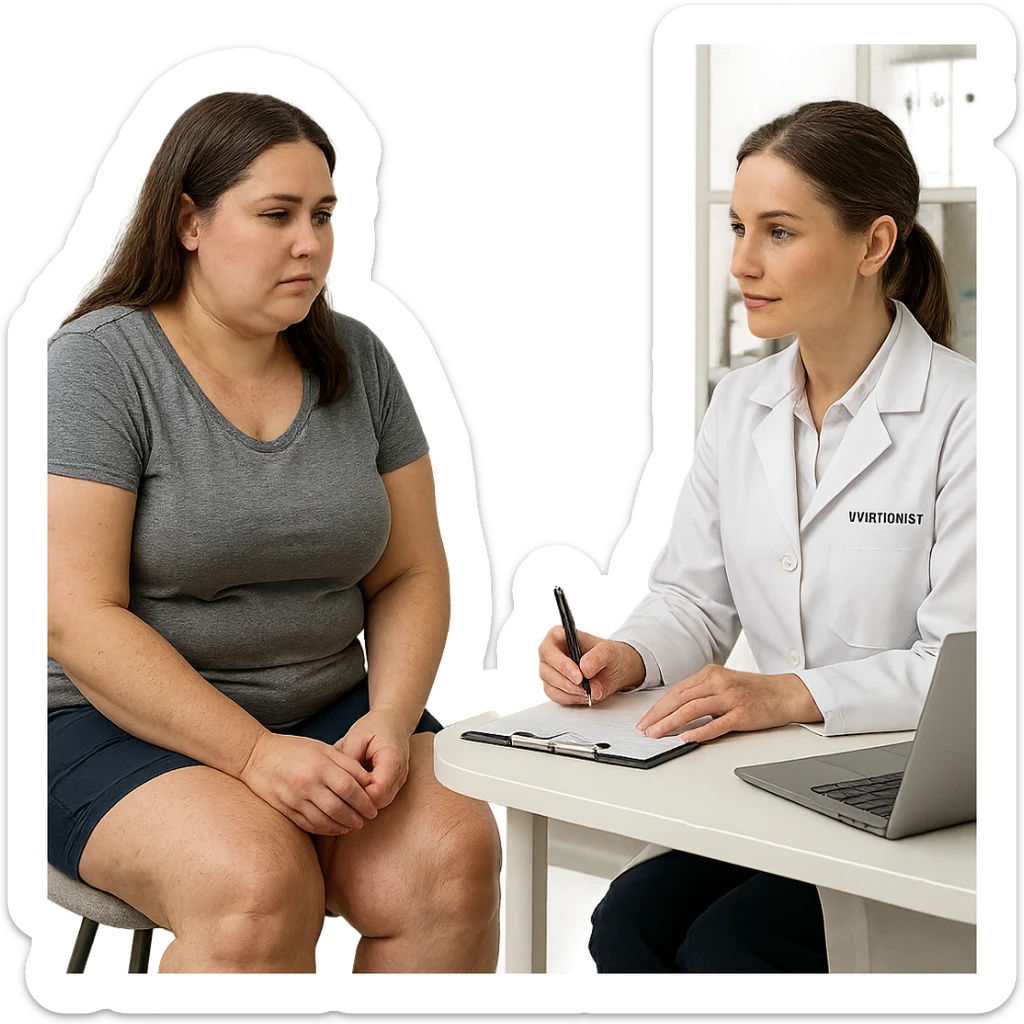 hyper realistic 4K woman consulting a nutritionist, fat on thighs and legs, normal physique, clinical scene details sticker