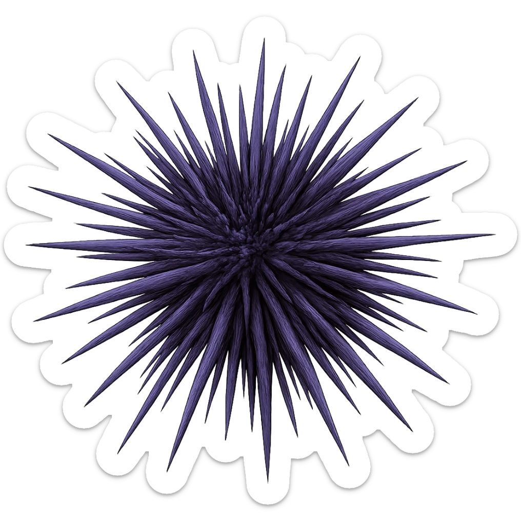 Add realistic purple and dark colors to the sea urchin, keep the dangerous spikes and realistic shape, with a transparent background. Maintain the natural and realistic appearance of the sea urchin's spikes and overall form. sticker
