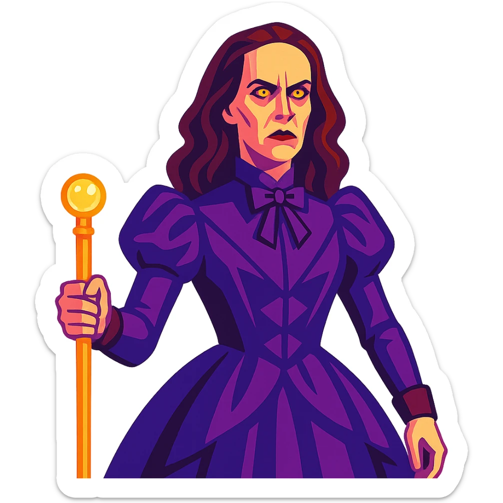 Wilhemina Venable (Sarah Paulson) in royal purple Victorian style, beautiful and luminous but terrifying, holding a gold cane sticker