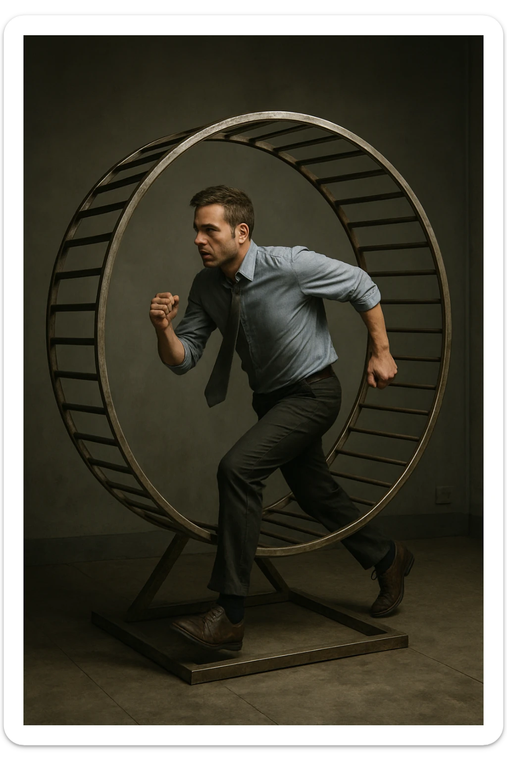 uomo che corre dentro la ruota del criceto come un circolo vizioso immagine realistica sticker