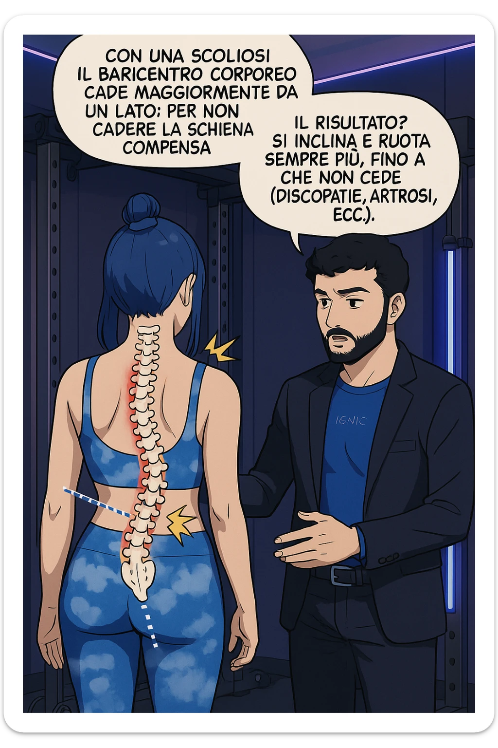 fai questa immagine in versione manga/webtoon a colori, il manga mostra la donna di spalle, mentre l'uomo le tocca la spina dorsale per spiegarle come funziona la scoliosi:
Con una scoliosi il baricentro corporeo cade maggiormente da un lato; per non cadere la schiena compensa accumulando tensione sul fianco opposto.
Il risultato? Si inclina e ruota sempre più, fino a che non cede (discopatie, artrosi, ecc) sticker