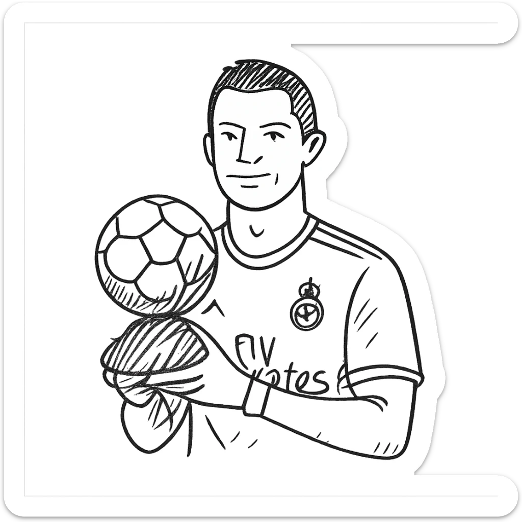 Cristiano Ronaldo in Real Madrid soccer uniform holding the Golden Ball trophy sticker