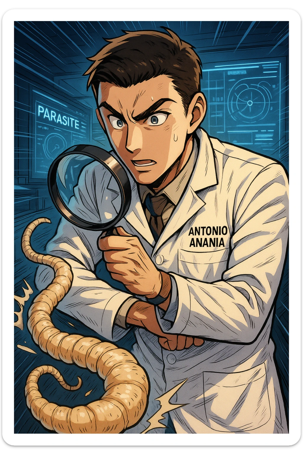 A dynamic manga/webtoon-style illustration of a young male kinesiologist wearing a clean white lab coat, analyzing light beige worms like a tapeworm under a magnifying glass. His expression is focused and slightly intrigued, with sharp, detailed eyes. The art style is vibrant, with bold linework, rich colors, and dramatic lighting. The background is a futuristic laboratory with glowing holographic screens displaying parasite data. The tapeworm is intricately drawn, slimy and segmented, with a slightly exaggerated yet realistic texture. The composition is dynamic, with motion lines or energy effects to emphasize his scientific investigation. The atmosphere is intense but not dark, keeping a balance between scientific seriousness and stylish manga aesthetics, he has "ANTONIO ANANIA" WRITTEN ON WHITE LAB COAT sticker