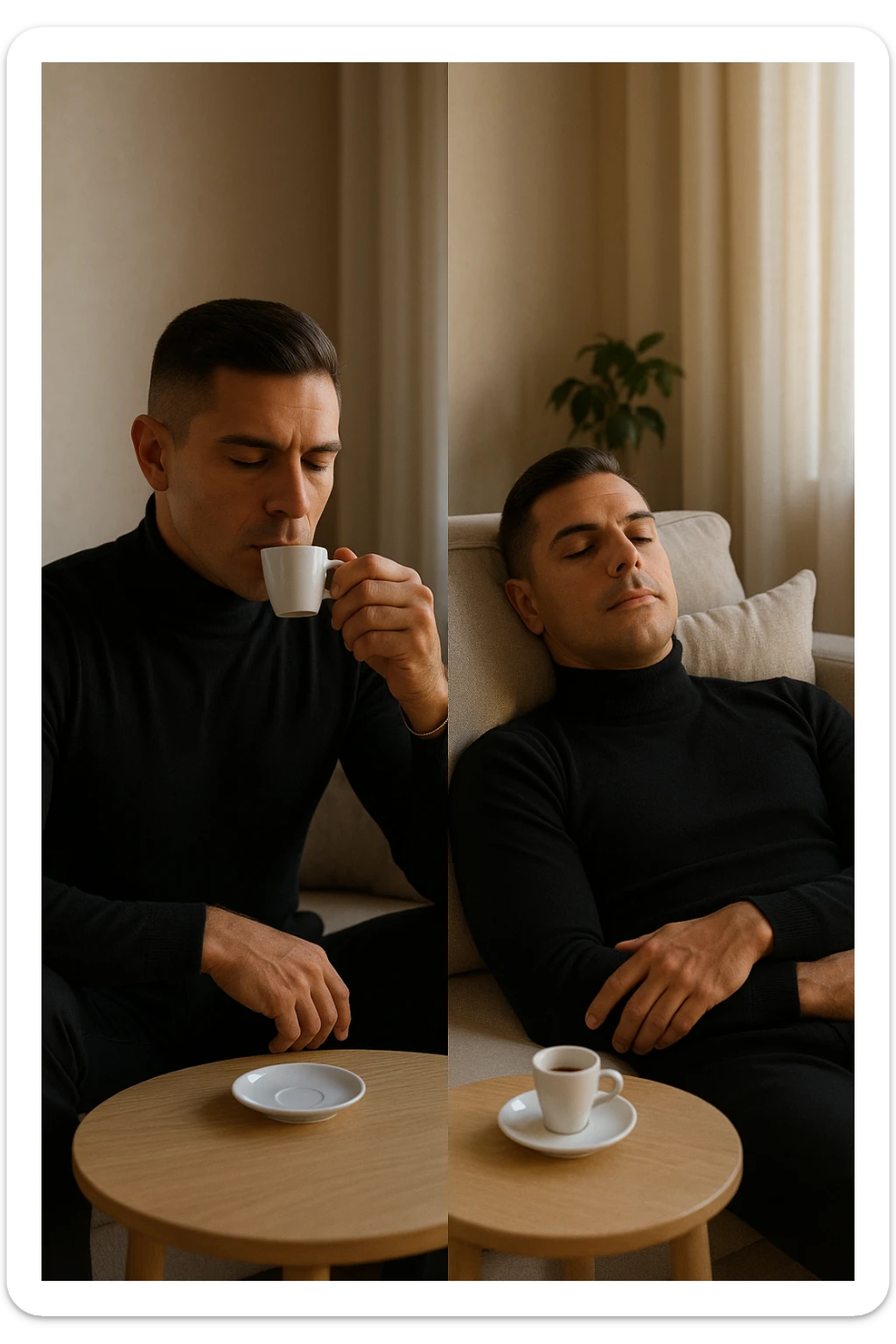 Uomo adulto in abiti casual in un ambiente domestico o ufficio tranquillo, mentre beve un caffè espresso con espressione consapevole. Subito dopo, si sdraia su un divano per un breve riposo di 20 minuti, occhi chiusi, posizione rilassata. La stanza è luminosa ma tranquilla, luce pomeridiana morbida che filtra dalla finestra. Atmosfera rigenerante e silenziosa. Accanto a lui, una tazzina vuota. Il suo viso appare calmo, in attesa del recupero energetico sticker