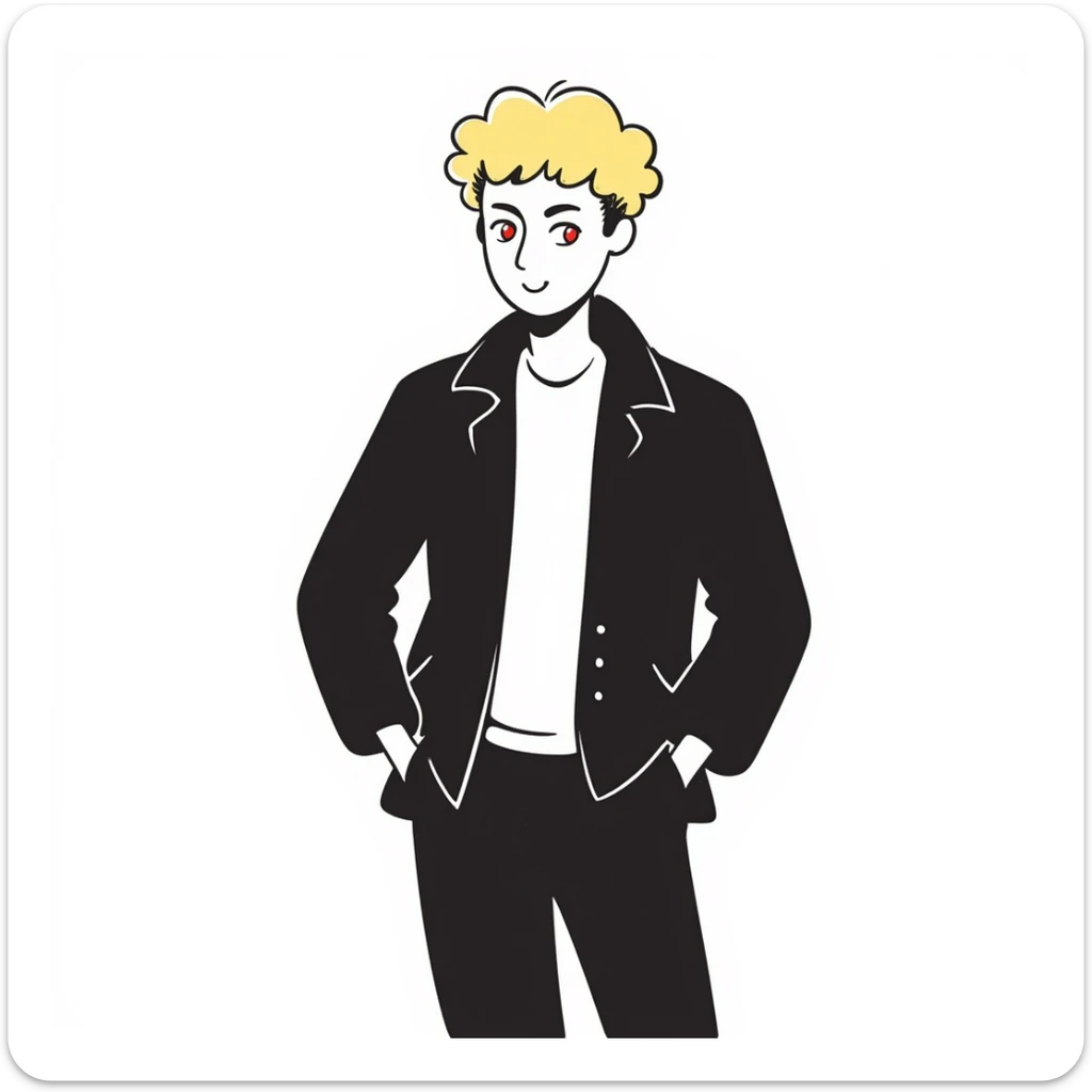 Make the Japanese man with red eyes and blond hair wink, smiling, in a hand drawn doodle style. sticker