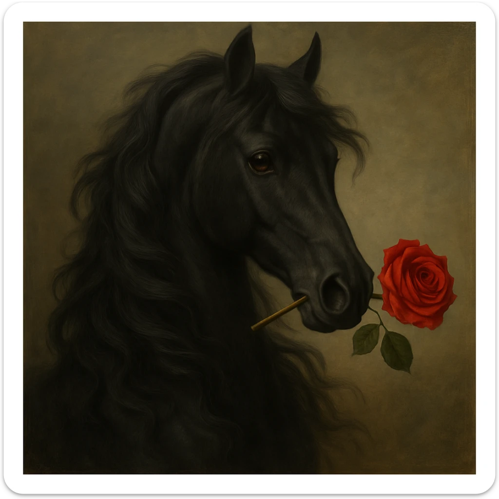 Make the horse black, keep the rose in its mouth, elegant and detailed style. sticker