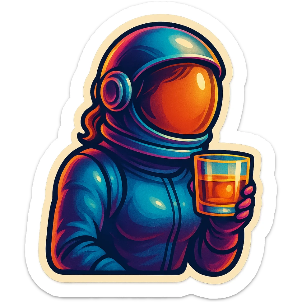 A sticker of a female astronaut with a glass of whiskey sticker