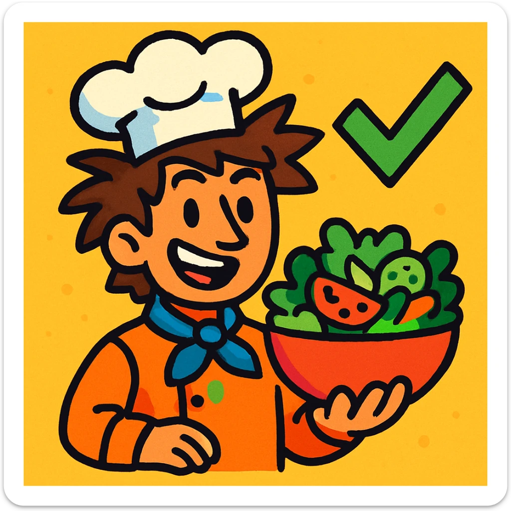 a guy with wild brown hair in a chef's hat, holding a bowl of salad, with a green tick beside him, vibrant cartoon style sticker