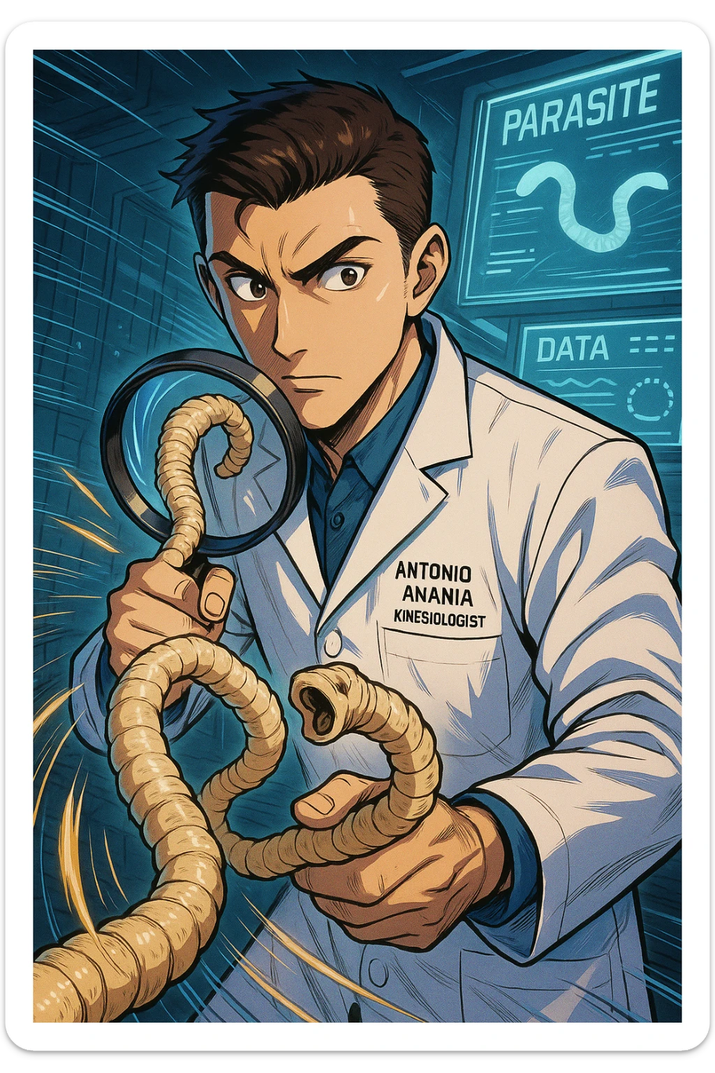 A dynamic manga/webtoon-style illustration of a young male kinesiologist wearing a clean white lab coat, analyzing light beige worms like a tapeworm under a magnifying glass. His expression is focused and slightly intrigued, with sharp, detailed eyes. The art style is vibrant, with bold linework, rich colors, and dramatic lighting. The background is a futuristic laboratory with glowing holographic screens displaying parasite data. The tapeworm is intricately drawn, slimy and segmented, with a slightly exaggerated yet realistic texture. The composition is dynamic, with motion lines or energy effects to emphasize his scientific investigation. The atmosphere is intense but not dark, keeping a balance between scientific seriousness and stylish manga aesthetics, he has "ANTONIO ANANIA" WRITTEN ON WHITE LAB COAT sticker