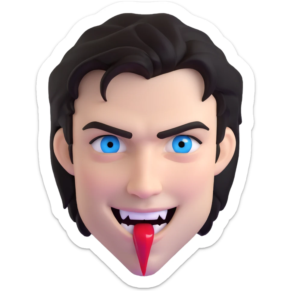 Damon Salvatore as a vampire with dark hair, blue eyes, fangs, smirking, subtle blood on lips sticker