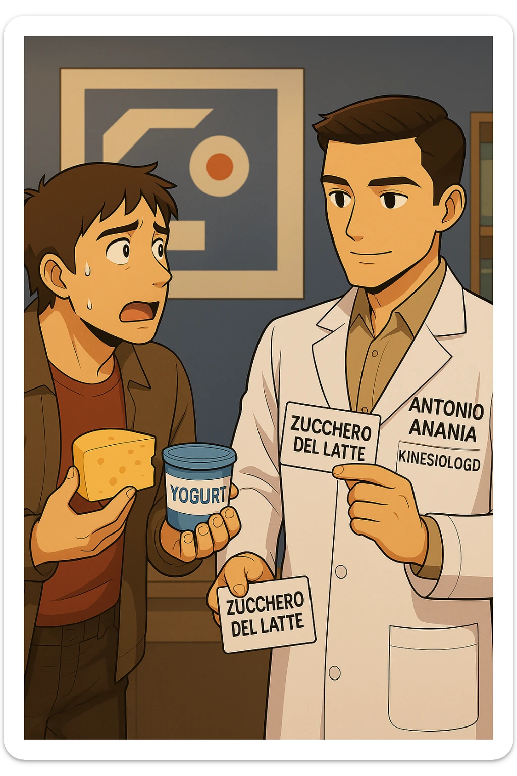 fai un webtoon manga a colori con questo stile, in cui un uomo fa una domanda al kinesiologo con il camice bianco (fagli anche la scritta "ANTONIO ANANIA" SUL CAMICE, l'uomo chiede una cosa mostrando un formaggio e uno yogurt al kinesiologo con il camice, IL KINESIOLOGO annuisce e SPIEGA ALL'UOMO UNA cos. L'UOMO ha un ESPRESSIONE CONFUSA IN VOLTO. non fare i fumetti però, fai solo in modo che sembri stiano parlando sticker