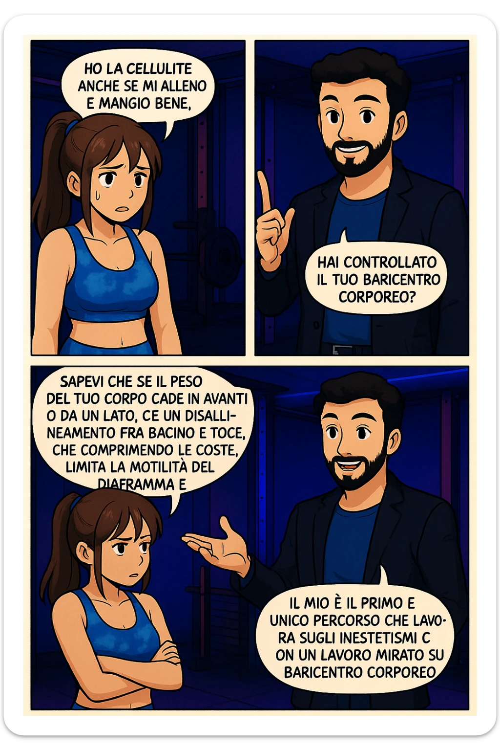 PRENDI SPUNTO DA QUESTO STILE FACENDO UN WEBTOON/MANGA:

LEI: Ho la cellulite anche se mi alleno e mangio bene, cosa posso fare?

LUI: Hai controllato il tuo baricentro corporeo?
LUI: Sapevi che se il peso del tuo corpo cade in avanti o da un lato, c’è un disallineamento fra bacino e torace, che comprimendo le coste, limita la motilità del diaframma e l’ossigenazione dei tessuti?
LUI: Il mio è il primo e unico percorso che lavora sugli inestetismi con un lavoro mirato sul baricentro corporeo. sticker
