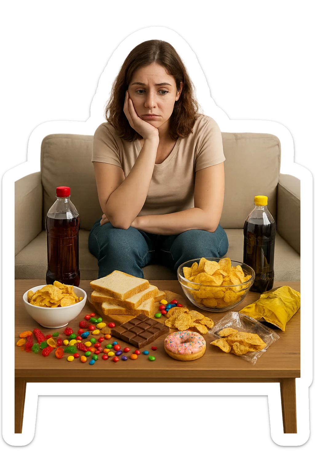 Donna tra i 25 e i 35 anni seduta sul divano o a un tavolo disordinato, circondata da cibi sparsi e poco sani: patatine, dolci, pane bianco, snack confezionati, bibite. con insulino resistenza sticker