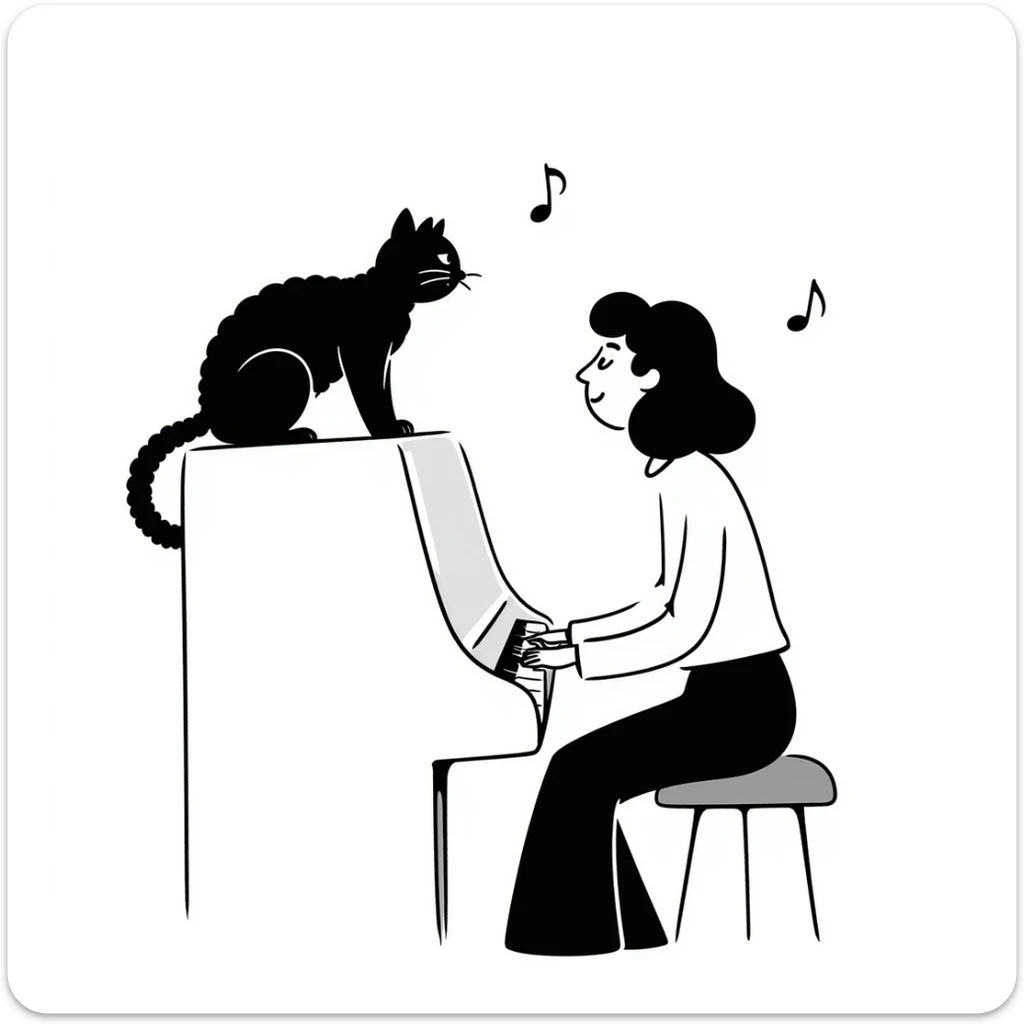 woman playing piano while her cat sits on top of the piano sticker