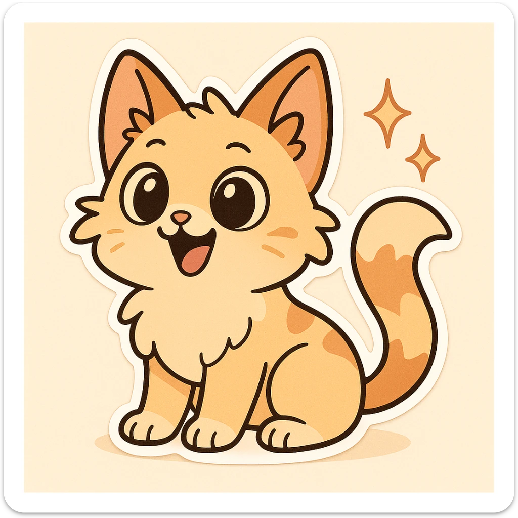 Make this joyful dog-cat mix look more like a cat, with fluffy fur, cat eyes, and a curled tail, keeping the open mouth smile and lively cartoon style. sticker