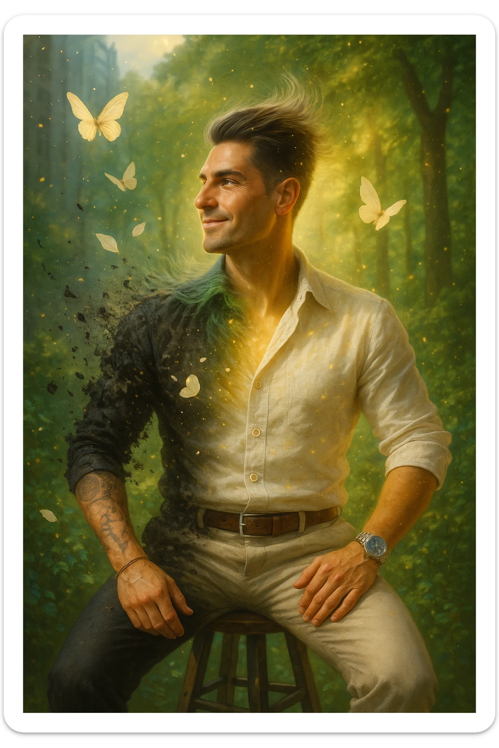 Trasformazione cinematografica: uomo d'affari in giacca sintetica nera che si sfalda come cenere, mentre da dentro emerge una nuova versione di sé vestita di lino color avorio, farfalle che nascono dalle fibre di cotone biologico, petali di fiori che si trasformano in bottoni di madreperla, capelli che diventano più folti e luminosi al contatto con tessuti naturali, pelle che letteralmente respira vapore dorato, city background che si trasforma in foresta rigogliosa, slow motion epico con particelle di luce danzanti sticker