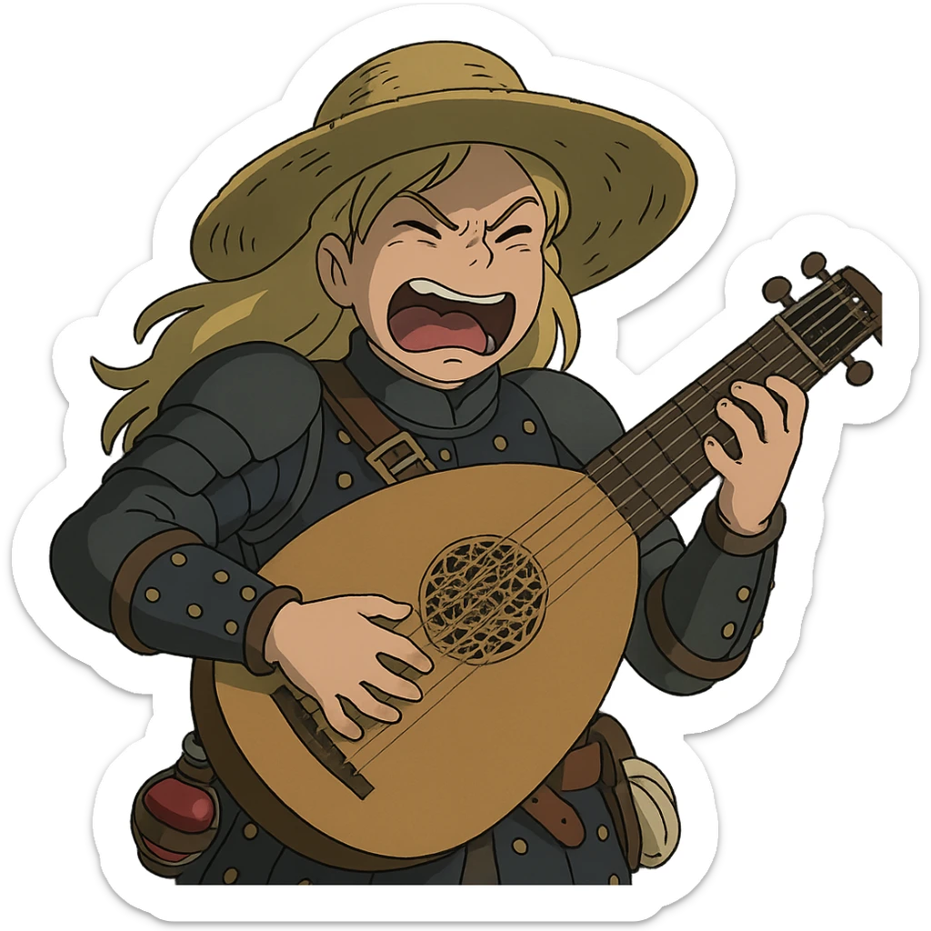 A female bard , blond hair, wearing brigandine armor with a sturdy straw hat, playing a fat medieval lute and singing, night time shadows, tool belt with red potion and bandages, mischievous grin, anger sticker
