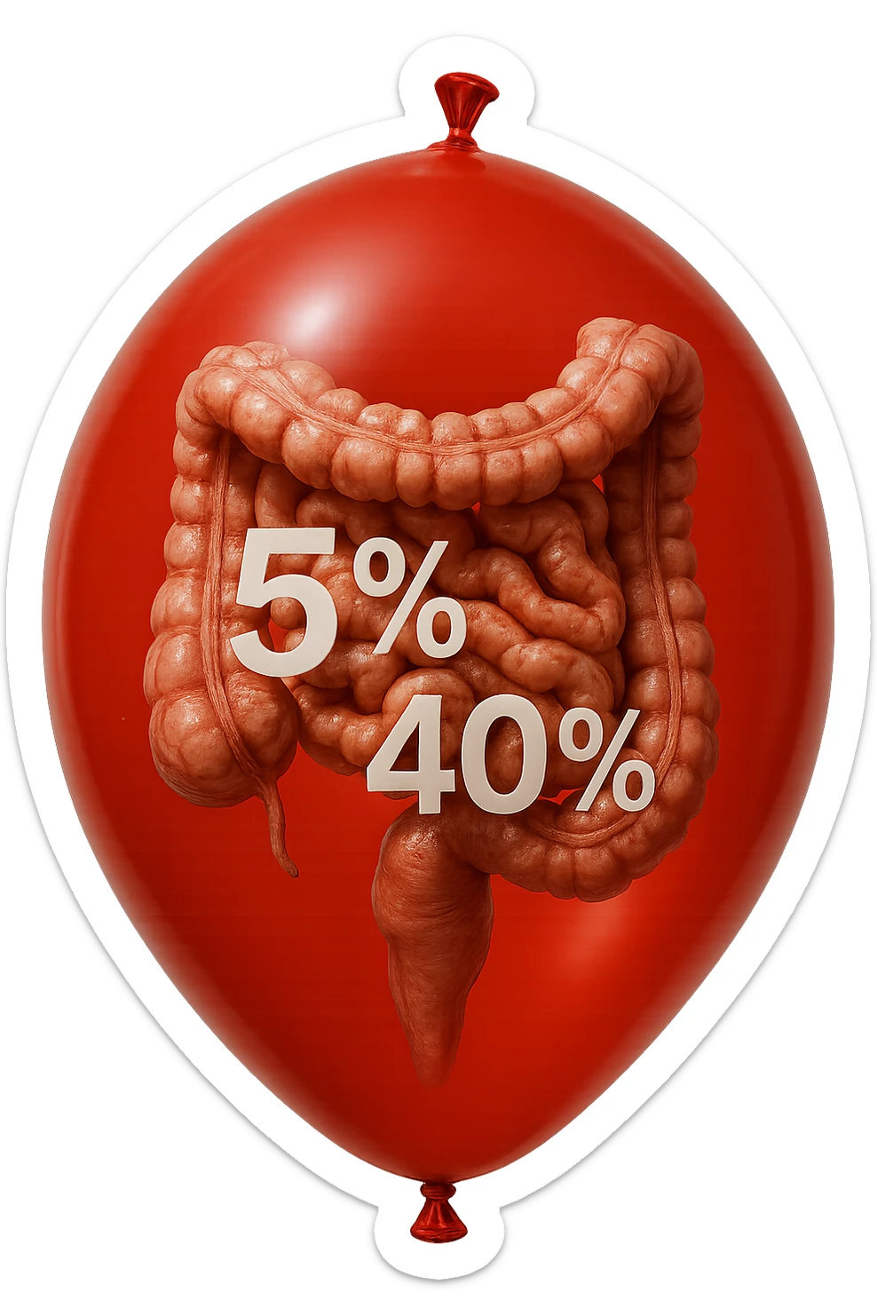 intestino umano anatomico chiuso in un palloncino rosso con la scritta 5% e 40% dentro insieme all'intestino, iperrealistico 4k sticker