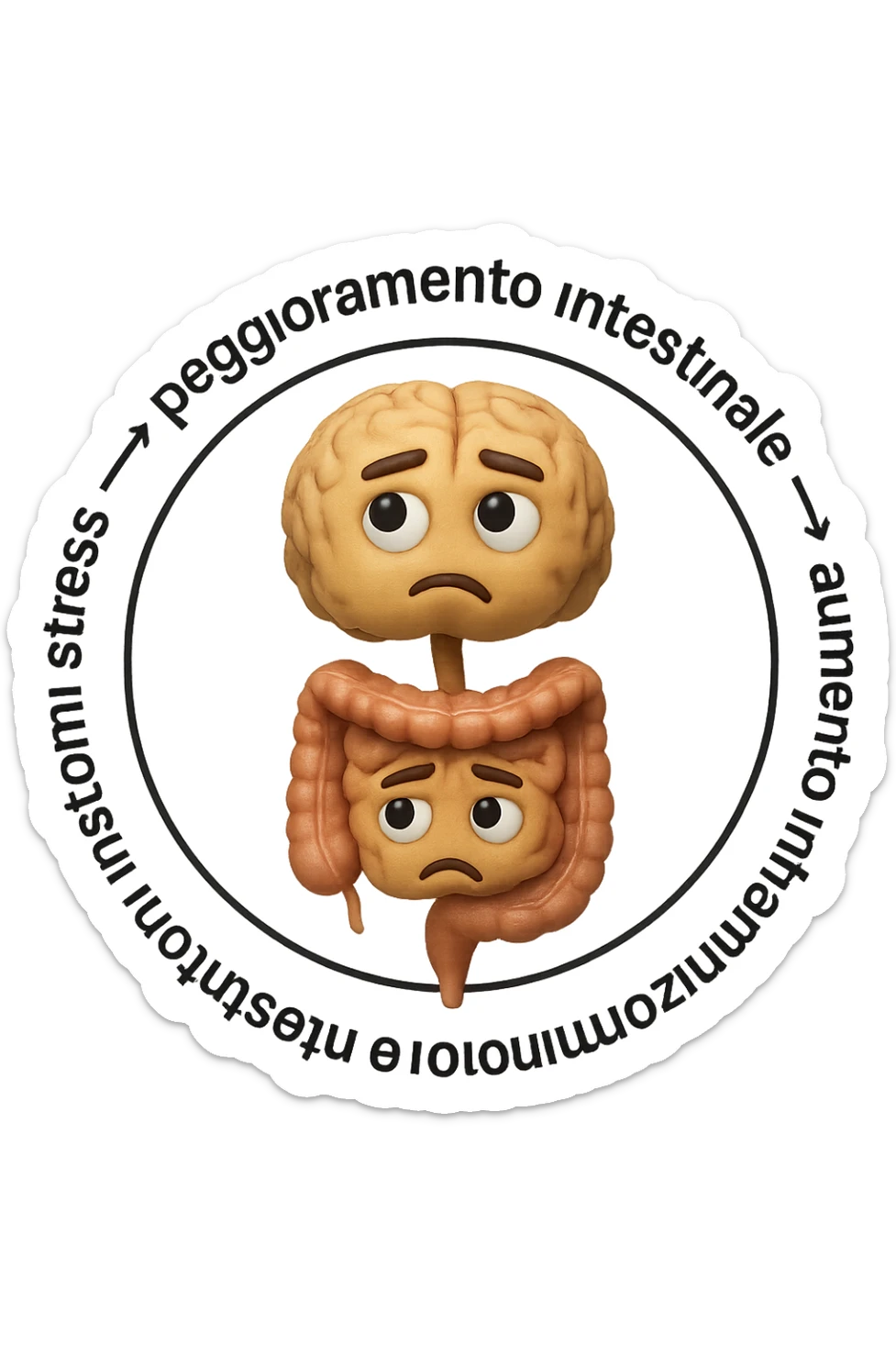 EMOJI STILE IPHONE 3D DI un cerchio con queste scritte che girano intorno "stress → peggioramento intestinale → aumento infiammazione → peggioramento sintomi intestinali e sistemici." al centro del cerchio metti un cervello e intestino umani collegati verticalmente con espressione dubbiosa in volto, FALLO MOLTO REALISTICO IN 3D sticker