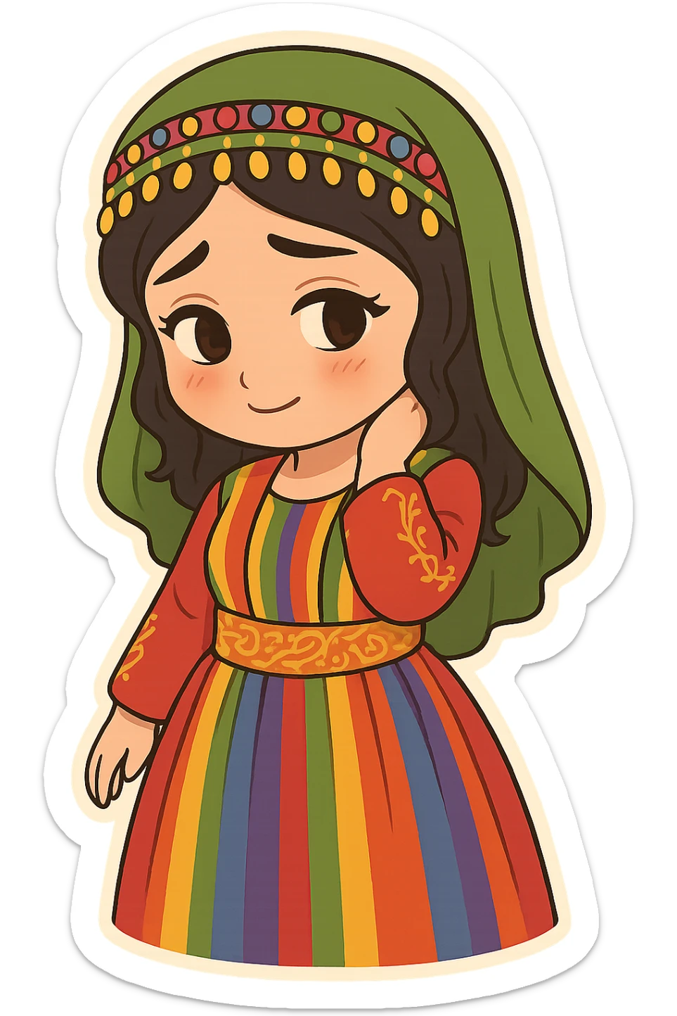Cartoon sticker of a Kurdish woman wearing traditional colorful and cheerful Kurdish female clothing, face showing a shy expression, one hand behind the neck, head down (matching the reference pose), no shadow or color halo around the image, no text, suitable for WhatsApp and Instagram, with a completely transparent background. sticker
