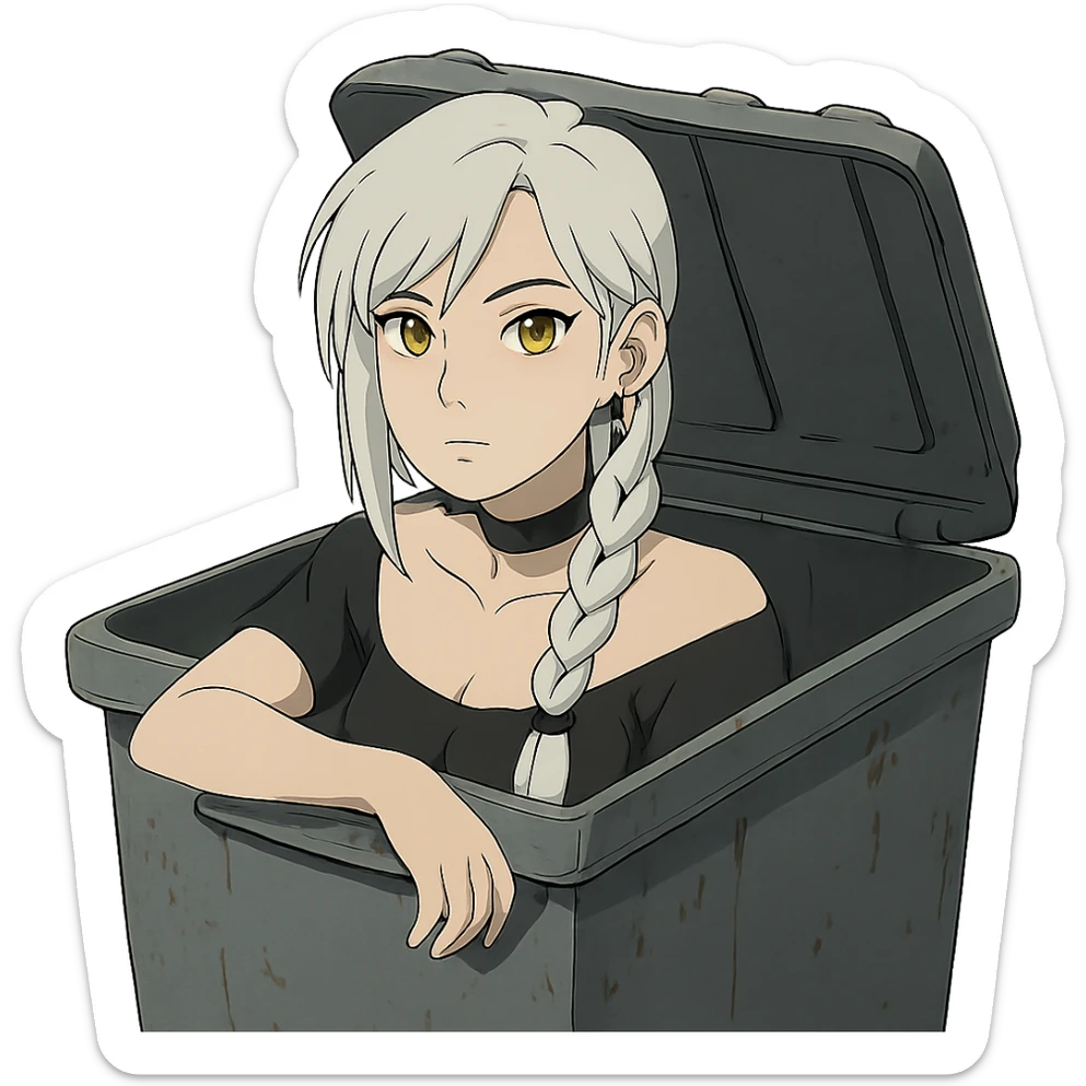 she is poking out from a garbage dumpster, a closeup portrait of young woman with gold yellow eyes, white hair, long braid, black off-shoulder top d-cup, punk gothic style, futuristic cyberwave cyberpunk, sticker