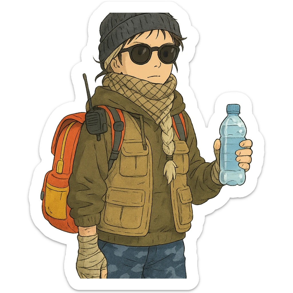 1 female, long white braid, knit cap, dark sunglasses, shemegh neckwrap, fishing vest, vibrant shool backpack, drab hoodie, handwraps, blue camo pants, handheld radio clipped to shoulder, unkempt, holding a bottle of water sticker