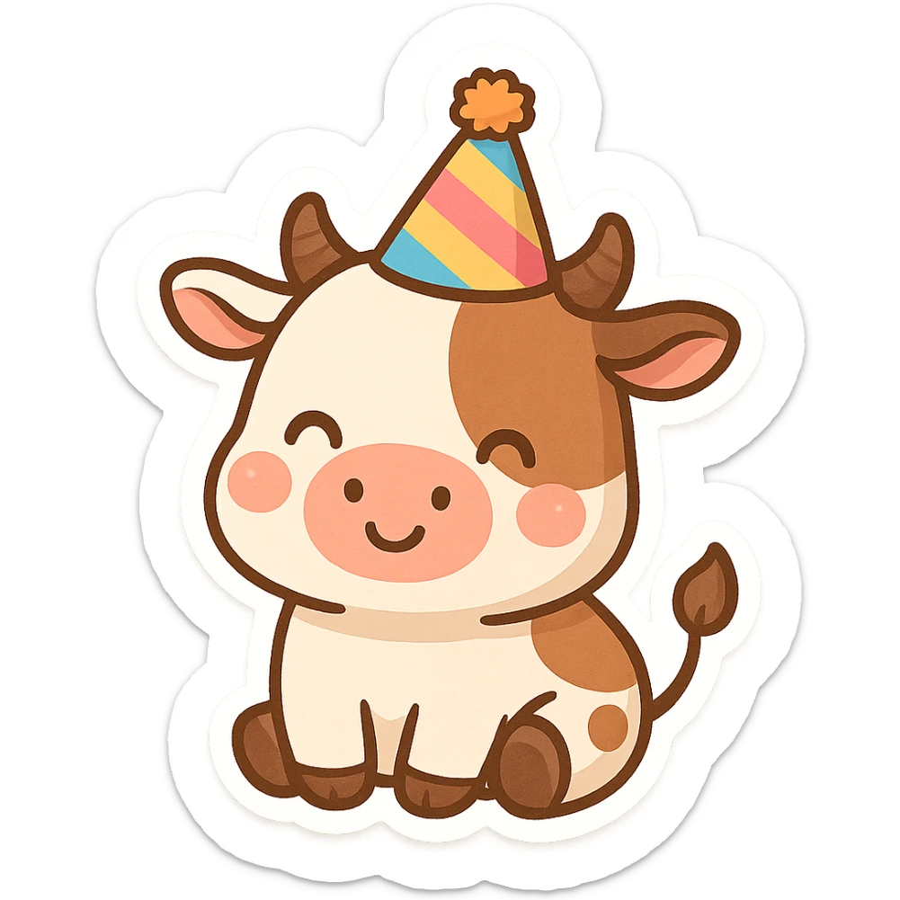 a cartoon cow with a colorful birthday hat sticker
