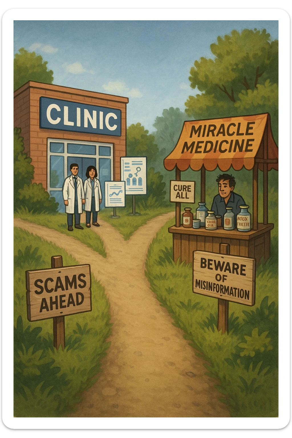 two paths diverge—one leads to a trustworthy clinic with doctors and scientific posters, the other to a shady stand selling “miracle” medicines with exaggerated claims. Signs along the second path warn of scams and misinformation. The scene encourages viewers to choose reliable, science-based healthcare. sticker
