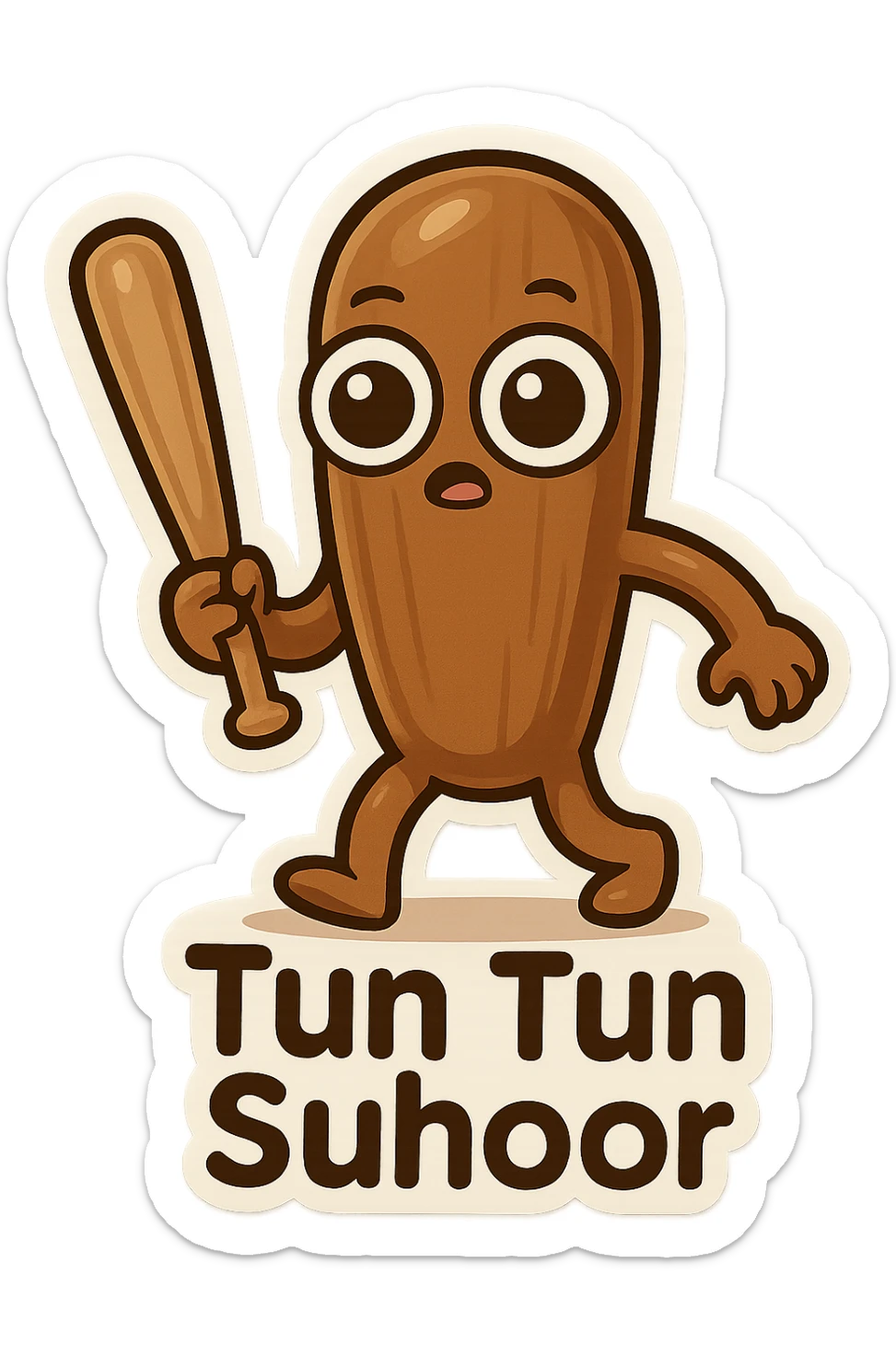 chibi emoji of Tun Tun Suhoor, wooden stick body, glossy brown finish, exaggerated big cartoon eyes, tiny mouth, human arms and legs, holding a wooden bat, silly and playful meme, no text sticker