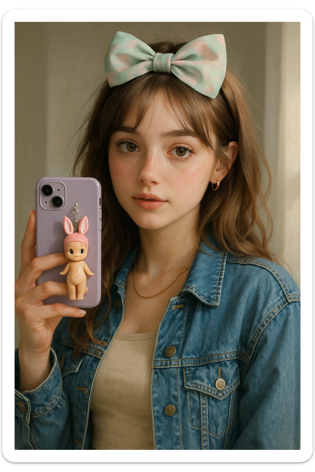 realistic illustration of a cute girl with a pastel bow, trendy outfit, and a phone decorated with a Sonny Angel figurine sticker
