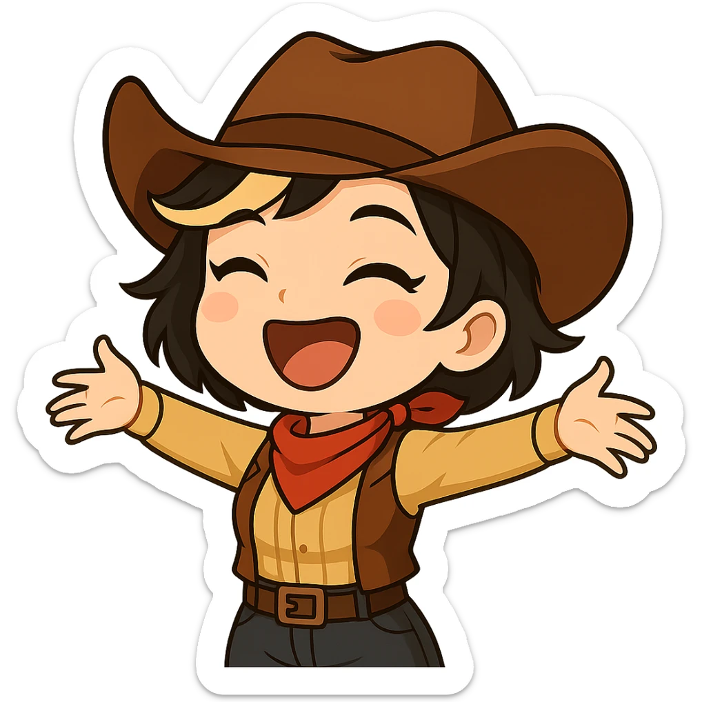 Sexy chibi cowgirl with short hair and a blonde streak, wearing a cowboy hat and western outfit, no guns. Pose: arms outstretched, laughing joyfully, chibi/anime style, sized for Twitch or Discord use, transparent background. sticker