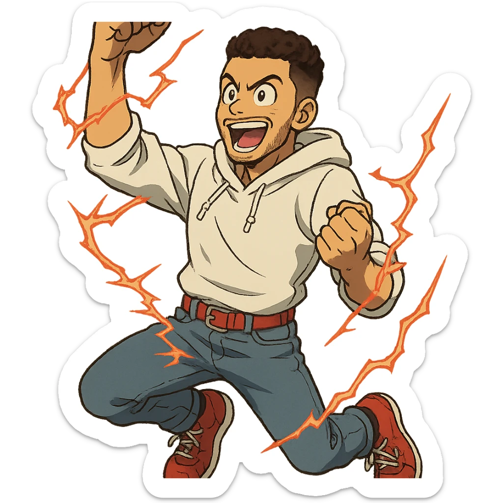 1 male, mid fade haircut dark chestnut brown curly hair, toasted lightskin, white hoodie sleeves up, fashion jeans, red fashion-sneakers shoes, red belt, short trimmed beard and goatee,  style of deku from "my hero academia" doing a "heck yeah!" exclaimation pose with red electricity sticker