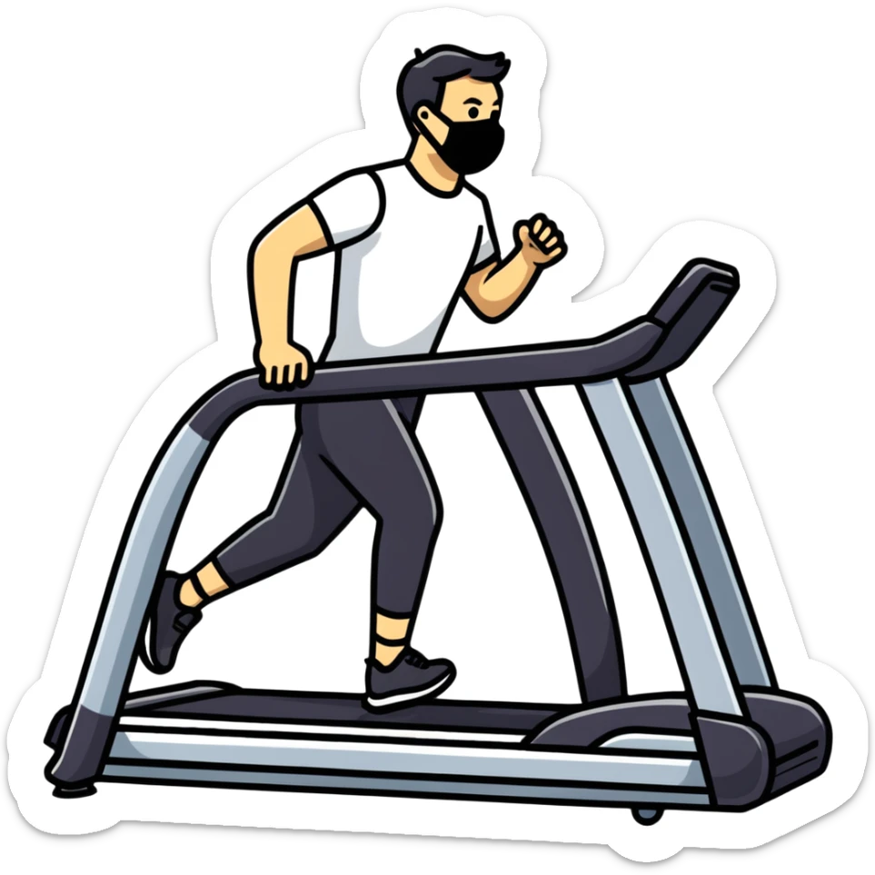 Person on treadmill with mask measuring oxygen consumption, fitness test with data visualization sticker
