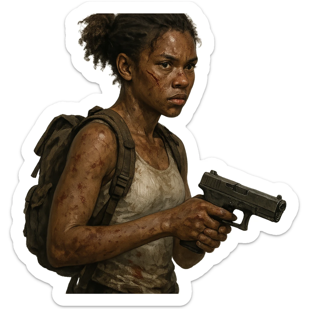 African American masculine girl, zombie apocalypse style, scar on her face, white tank top, wearing a backpack, holding a gun sticker