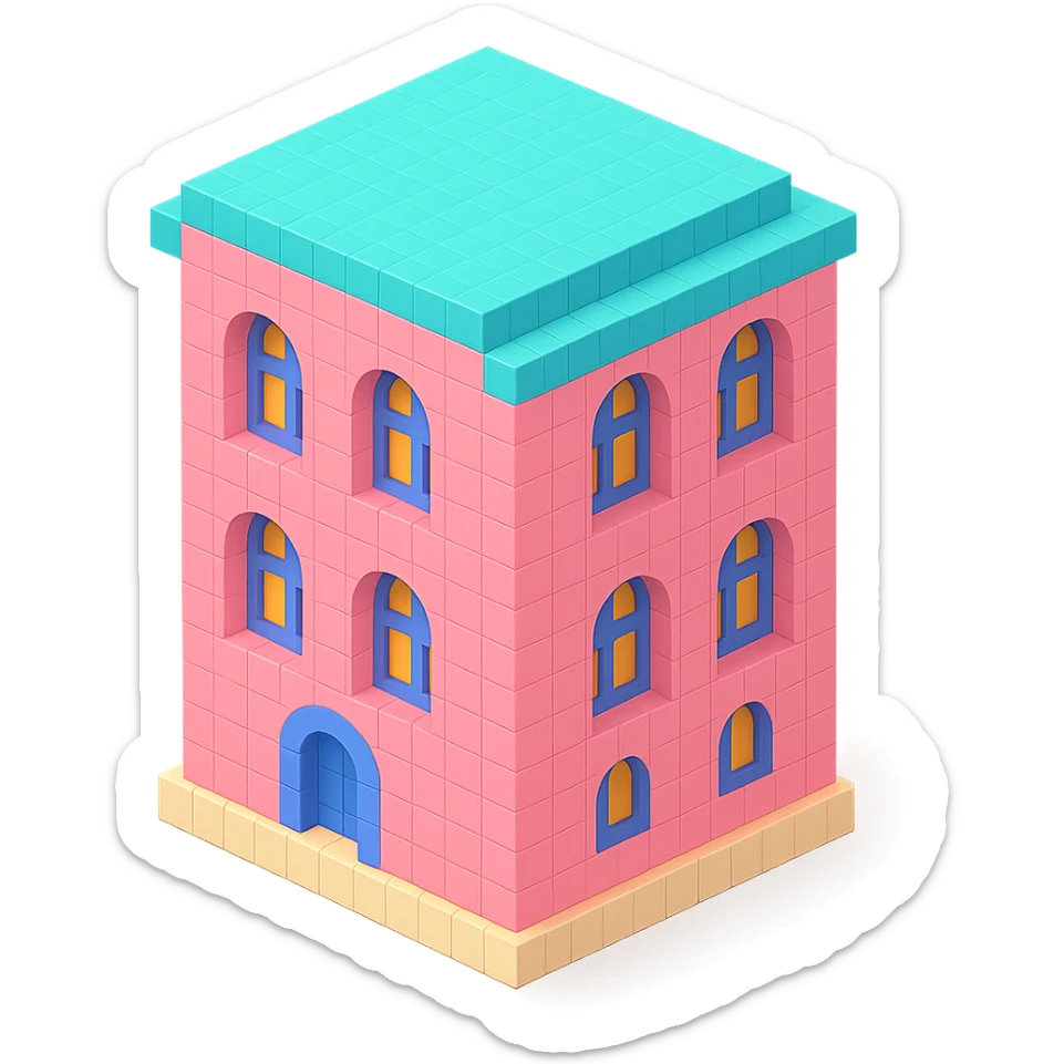 old Saint Petersburg building, pink pastel facade, arched windows, isometric view sticker