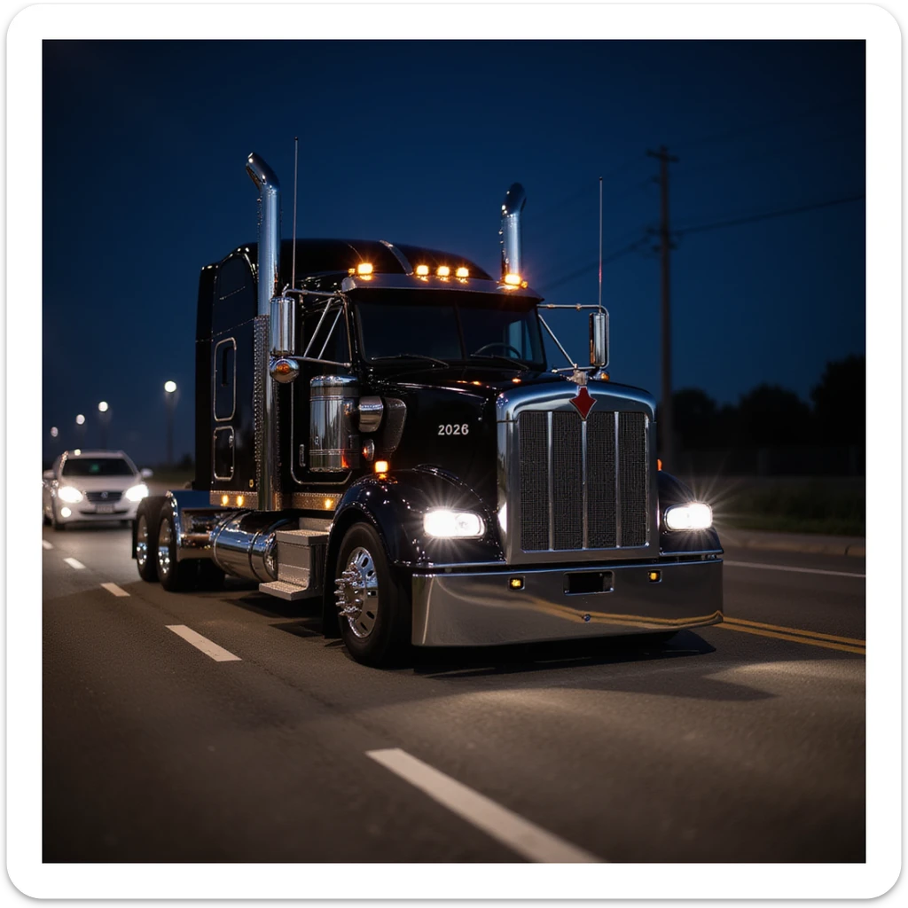 2026 Black Kenworth T680 Sleeper semi truck with tall chrome muffler stacks, headlights on, driving down a road with a car in front, realistic details, night scene sticker